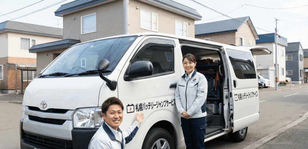 札幌バッテリージャンプサービスのスタッフ（男性・女性）と社名ロゴ入りの作業車。住宅街で笑顔で対応を待機している様子。